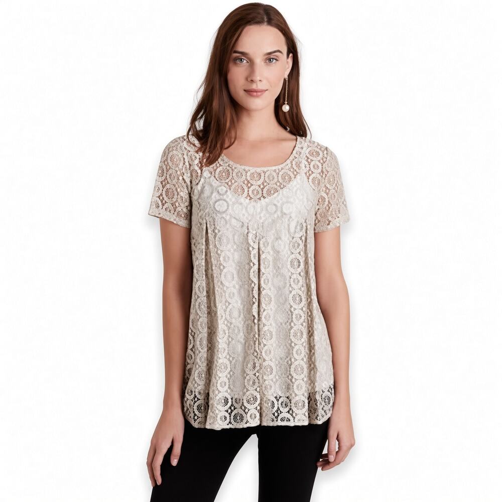 Anthropologie AKEMI + KIN Tan Metallic Baby Doll Lace Shirt Small